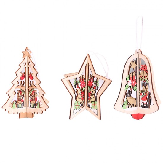 聖誕節必備 聖誕樹造型木質鏤空鈴鐺吊飾 聖誕樹裝飾用品