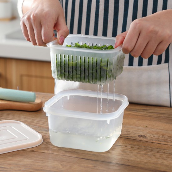 創意廚房雙層瀝水保鮮盒 廚房蔬果保鮮收納盒 冰箱食物保鮮盒
