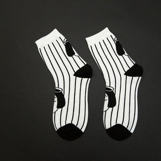 街頭風黑白人頭中筒襪 創意人物時尚潮流襪 秋冬必配襪子