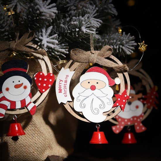 木質聖誕花環鈴鐺吊飾 創意聖誕節鏤空圓形吊飾 蝴蝶結木質聖誕樹裝飾