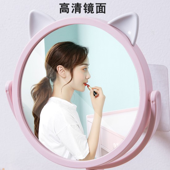 壁掛式小貓化妝鏡 可旋轉貓耳公主鏡 簡約美容化妝鏡 鏡子