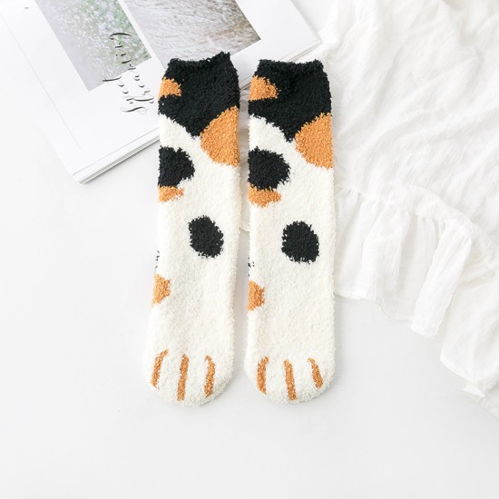 珊瑚絨貓爪中筒襪 可愛保暖冬季襪子 貓奴必備加厚中筒襪