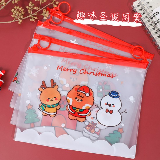 聖誕節指環文件袋 創意學生必備透明文件袋 可愛聖誕老人雪人麋鹿文具袋 收納袋
