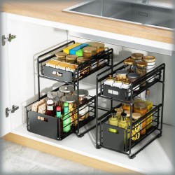 廚房雙層落地式收納架 創意抽拉式櫥櫃整理架 金屬烤漆置物架