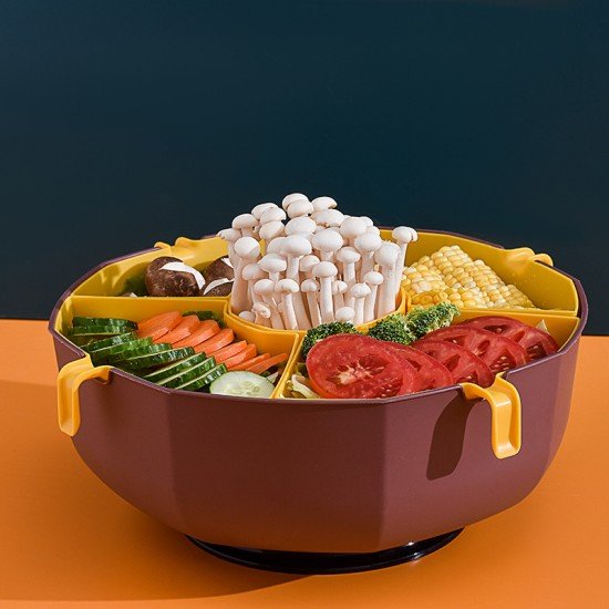360°旋轉火鍋拼盤 創意雙層蔬菜水果配菜盤 分隔瀝水火鍋料架