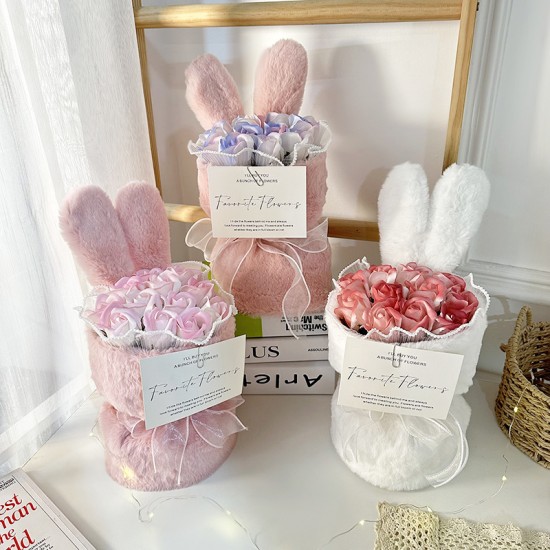 兔耳毛絨玫瑰花束 玫瑰花 香皂花 花束 捧花 七夕 情人節 告白禮物 