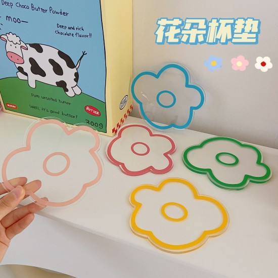 【花朵圖案】可愛小花壓克力杯墊 - 透明防燙隔熱墊