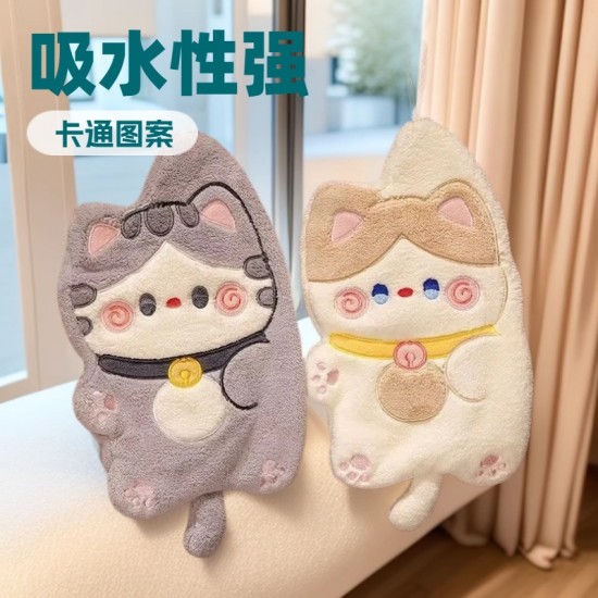 【掛式設計】招財貓造型珊瑚絨擦手巾 - 廚房浴室超吸水毛巾