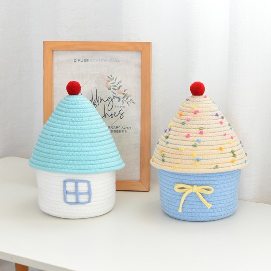 【房子造型】棉線編織收納籃 - INS風帶蓋置物筐