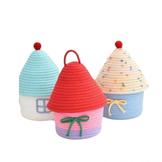 【房子造型】棉線編織收納籃 - INS風帶蓋置物筐