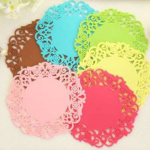 (10入)簡約圓形矽膠杯墊 花樣鏤空隔熱墊 防滑墊餐