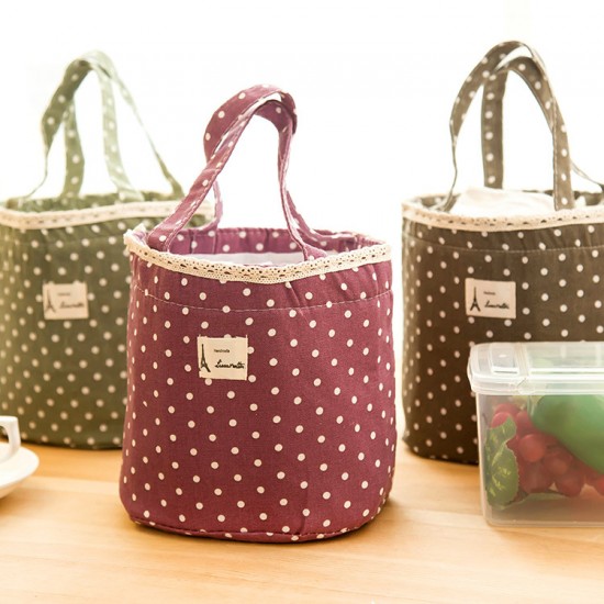 點點風格帆布便當袋 棉麻手提收納袋