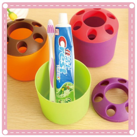 撞色多功能牙刷牙膏座 收納桶 桌面筆筒 文具收納