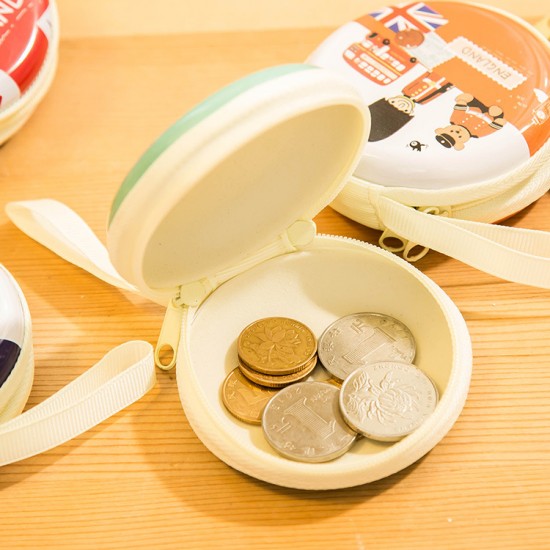 卡通英倫風圓形馬口鐵包 零錢包 迷你手提鑰匙耳機包
