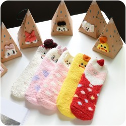 刺繡立體家居珊瑚絨卡通襪 盒裝地板襪 半邊絨女襪 聖誕襪