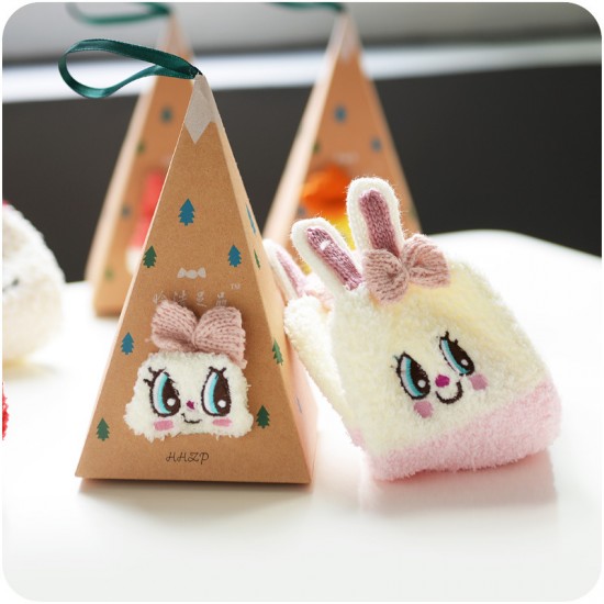 刺繡立體家居珊瑚絨卡通襪 盒裝地板襪 半邊絨女襪 聖誕襪