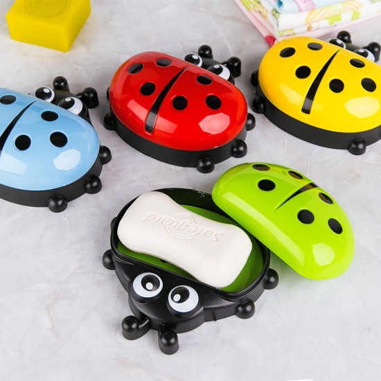 (3入)卡通瓢蟲帶蓋塑料肥皂盒 創意防塵浴室肥皂收納盒 瀝水香皂盒