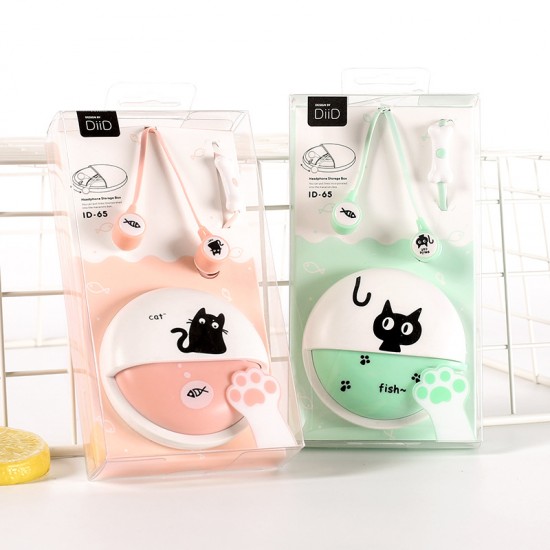 可愛卡通貓咪小魚耳機 收納盒 時尚入耳式立體音樂耳機