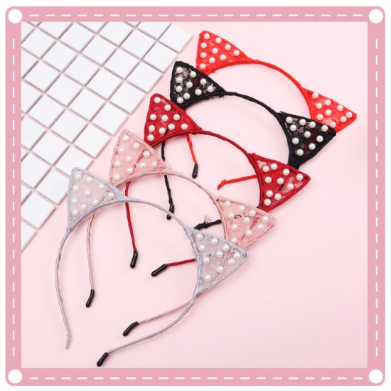 可愛貓咪耳朵髮箍 蕾絲珍珠貓耳朵髮箍