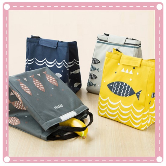 手提戶外保溫保冷便當袋 小魚圖案牛津布保溫袋