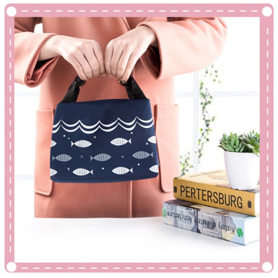 小號手提拉鍊戶外保溫保冷便當袋 小魚圖案牛津布保溫袋