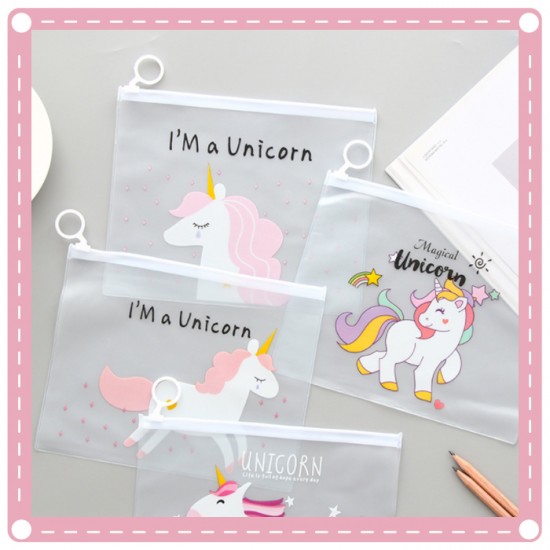 可愛獨角獸透明指環文件袋 小清新學生筆袋 文具收納袋