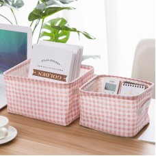 簡約棉麻桌面手提收納籃 粉格衣櫃布藝收納籃
