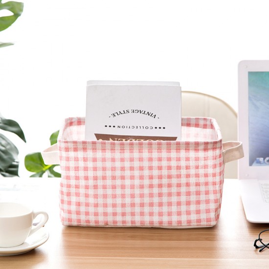 簡約棉麻桌面手提收納籃 粉格衣櫃布藝收納籃