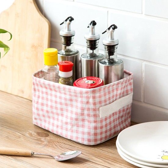 簡約棉麻桌面手提收納籃 粉格衣櫃布藝收納籃