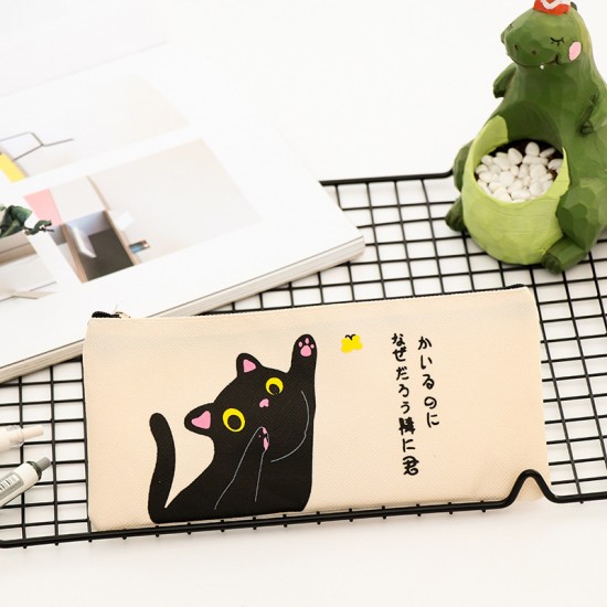 簡約貓咪帆布筆袋 卡通大容量拉鏈鉛筆袋