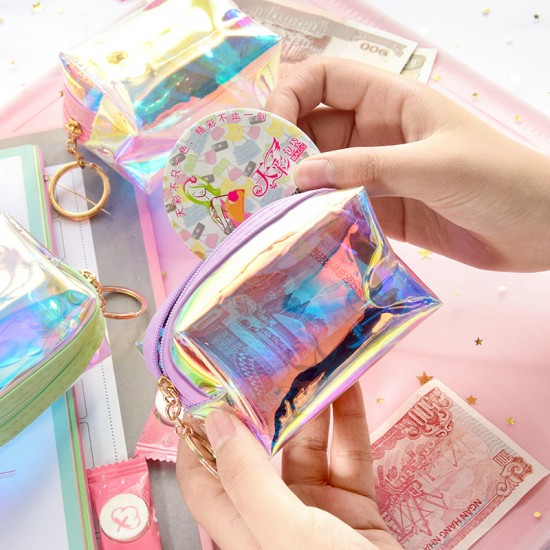 鐳射多功能收納包 少女必備充電線收納袋 方形拉鍊零錢包