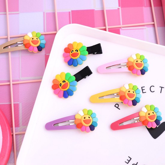向日葵造型七彩髮夾 花朵造型BB夾 笑臉小花鴨夾 夾子 瀏海夾