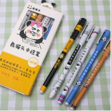 創意熊貓表情中性筆 創意文字黑色原子筆 熊貓頭中性筆 5支裝