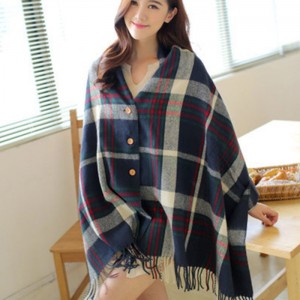 流蘇格子圍巾斗篷 仿羊絨鈕扣披肩 冬季必備造型斗篷 格子圍巾