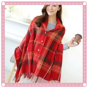 流蘇格子圍巾斗篷 仿羊絨鈕扣披肩 冬季必備造型斗篷 格子圍巾