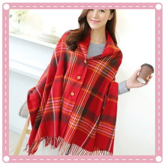 流蘇格子圍巾斗篷 仿羊絨鈕扣披肩 冬季必備造型斗篷 格子圍巾