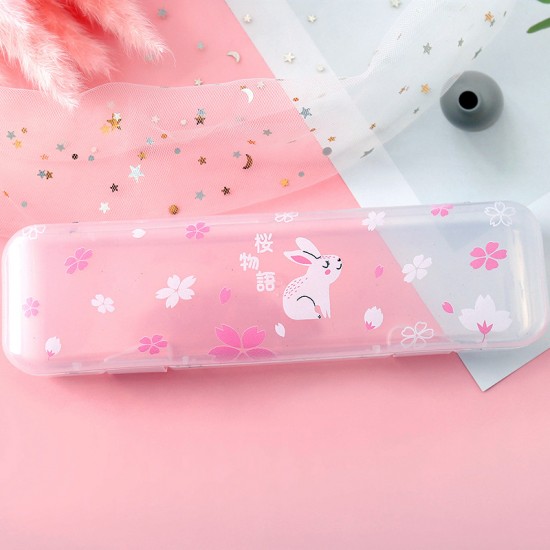 可愛兔子透明鉛筆盒 粉色兔子圖案大容量文具盒 文具收納盒