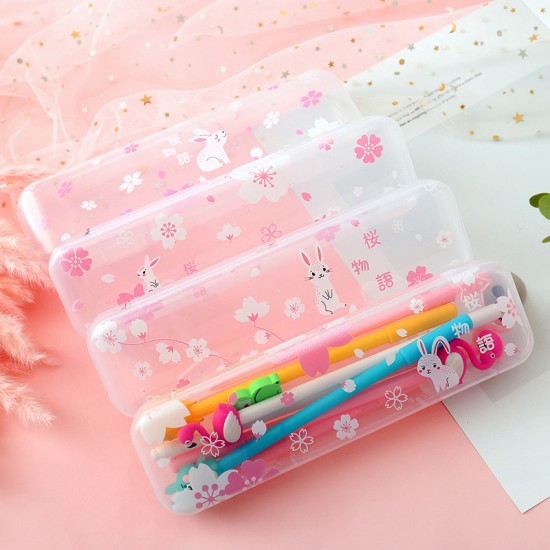 可愛兔子透明鉛筆盒 粉色兔子圖案大容量文具盒 文具收納盒