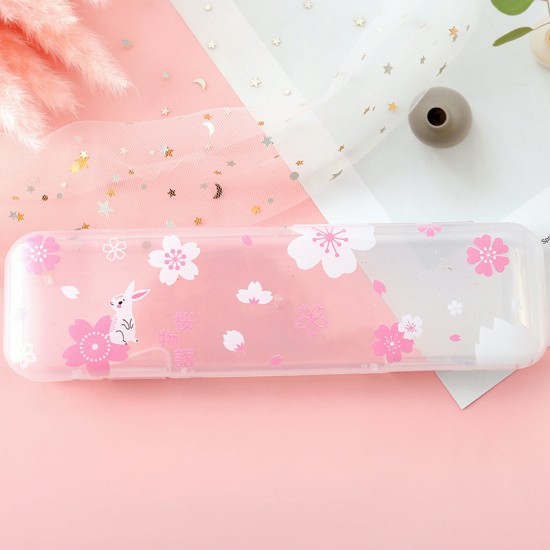 可愛兔子透明鉛筆盒 粉色兔子圖案大容量文具盒 文具收納盒
