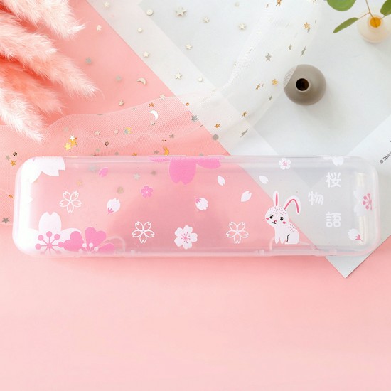 可愛兔子透明鉛筆盒 粉色兔子圖案大容量文具盒 文具收納盒