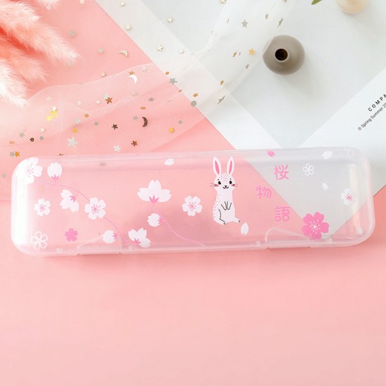 可愛兔子透明鉛筆盒 粉色兔子圖案大容量文具盒 文具收納盒