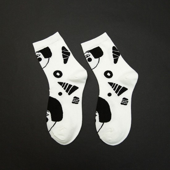 街頭風黑白人頭中筒襪 創意人物時尚潮流襪 秋冬必配襪子