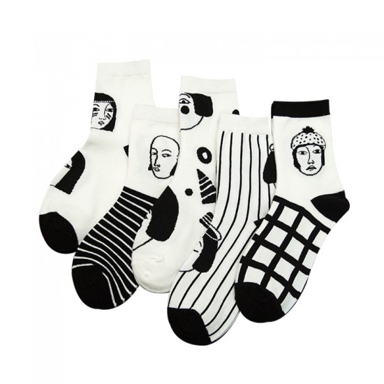 街頭風黑白人頭中筒襪 創意人物時尚潮流襪 秋冬必配襪子