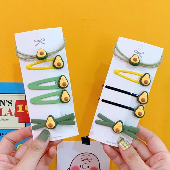 可愛酪梨造型髮夾組 清新水果造型髮圈髮夾 BB夾 酪梨綠髮圈髮夾