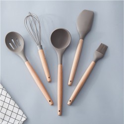 耐高溫矽膠木柄餐具組 廚房必備刮刀打蛋器油刷湯勺漏勺組合