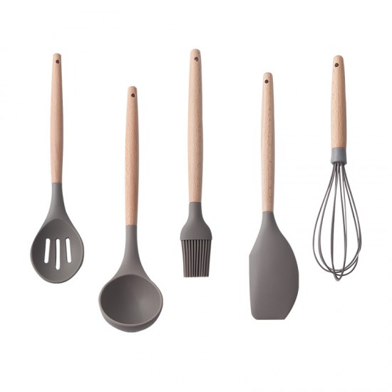 耐高溫矽膠木柄餐具組 廚房必備刮刀打蛋器油刷湯勺漏勺組合