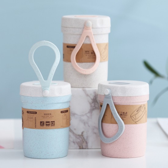 環保雙層隨手杯 簡約小麥湯杯 創意早餐防燙塑膠隨手杯 密封湯碗