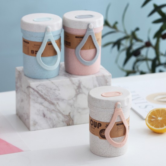 環保雙層隨手杯 簡約小麥湯杯 創意早餐防燙塑膠隨手杯 密封湯碗