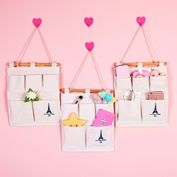 簡約棉麻鐵塔掛袋 壁掛式收納袋 創意5口掛袋 布藝雜物收納袋