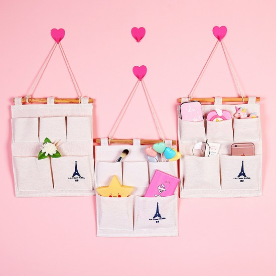 簡約棉麻鐵塔掛袋 壁掛式收納袋 創意5口掛袋 布藝雜物收納袋